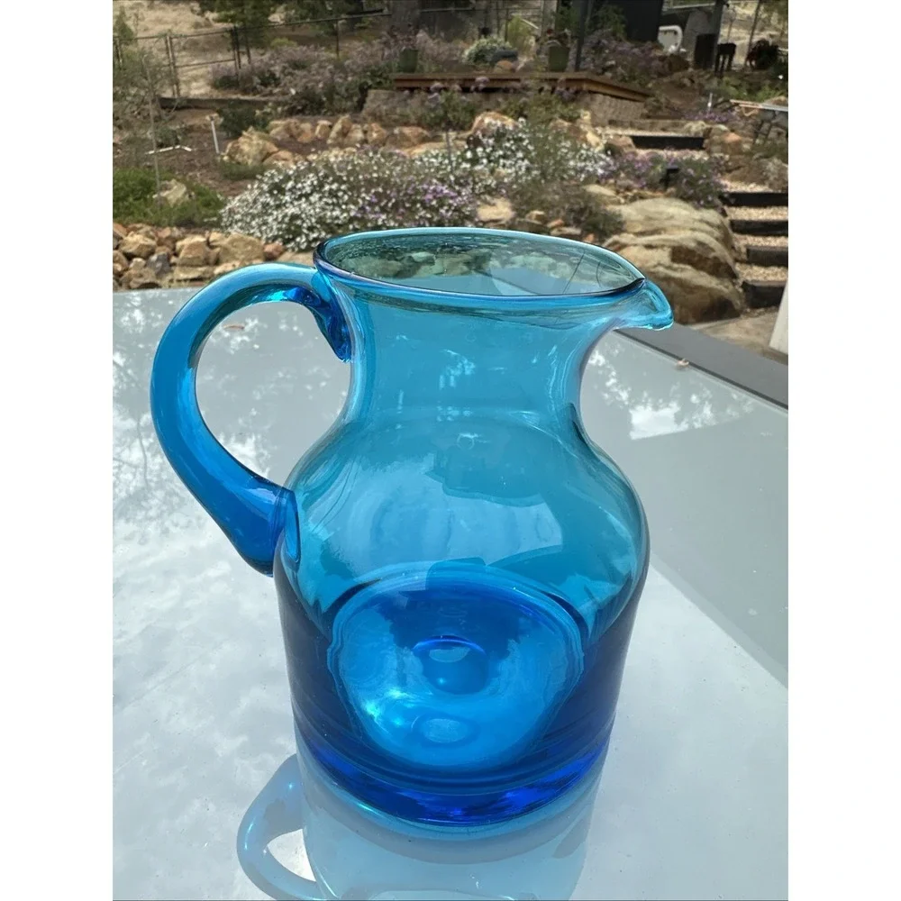 Blenko Vintage Handblown Art Glass Pitcher in Aqua Blue 5.5